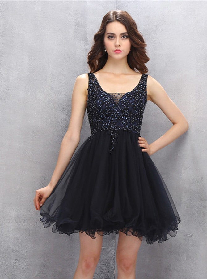 Black Homecoming Dresses,Beaded Homecoming Dress,Tulle Homecoming Dress,HC00121, US24W / Dark Navy