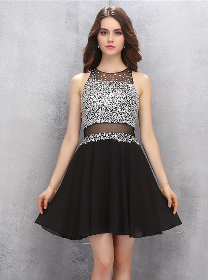 Black Homecoming Dresses,Chiffon Cocktail Dress,Short Homecoming Dress
