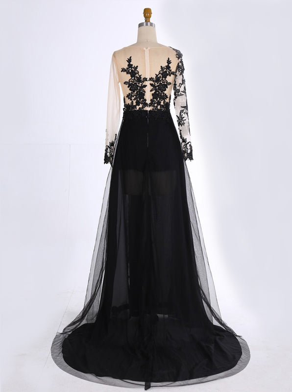 knee length dresses for ladies Black Long Sleeves Prom Dress, Lace Prom Dress, Tulle Prom dress,slit Skirt Prom Dress PD00001, US16W / Red