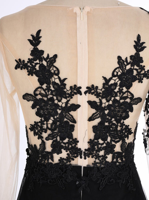 Black Long Sleeves Prom Dress, Lace Prom Dress, Tulle Prom Dress,Slit