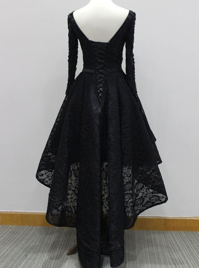 Black Prom Dresses with Sleeves,High Low Prom Dress,Lace Homecoming Dr - Wishingdress Black Prom Dresses with Sleeves,High Low Prom Dress,Lace Homecoming Dr - Wishingdress