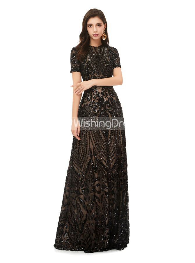 Black Sequined Evening Dress with Short Sleeves,Modest Prom Dress,PD00469, US8 / Black Black Sequined Evening Dress with Short Sleeves,Modest Prom Dress,PD00469, US8 / Black
