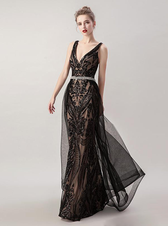 Black Sequined Prom Dress,Mermaid Prom Dress with Overskirt,PD00446, US10 / Dark Navy Black Sequined Prom Dress,Mermaid Prom Dress with Overskirt,PD00446, US10 / Dark Navy