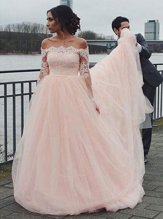 Blush Wedding Dresses,Off the Shoulder Wedding Dress,Wedding Dress with Sleeves,WD00133