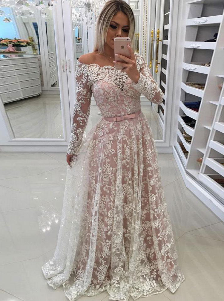 Blush Wedding Dresses with Sleeves,Off the Shoulder Bridal Dress,Lace Wedding Dress,WD00303, US16W / Blush Pink Blush Wedding Dresses with Sleeves,Off the Shoulder Bridal Dress,Lace Wedding Dress,WD00303, US16W / Blush Pink