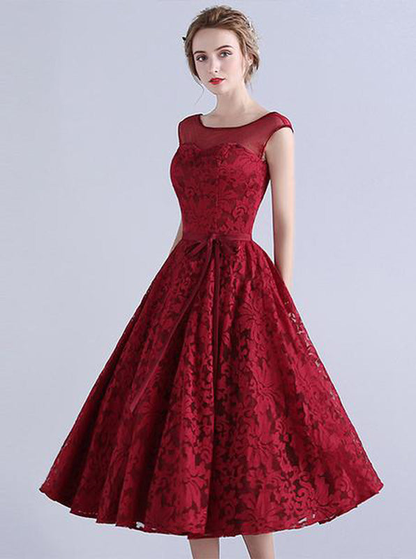 Burgundy A-line Prom Dress,Lace Tea Length Homecoming Dress