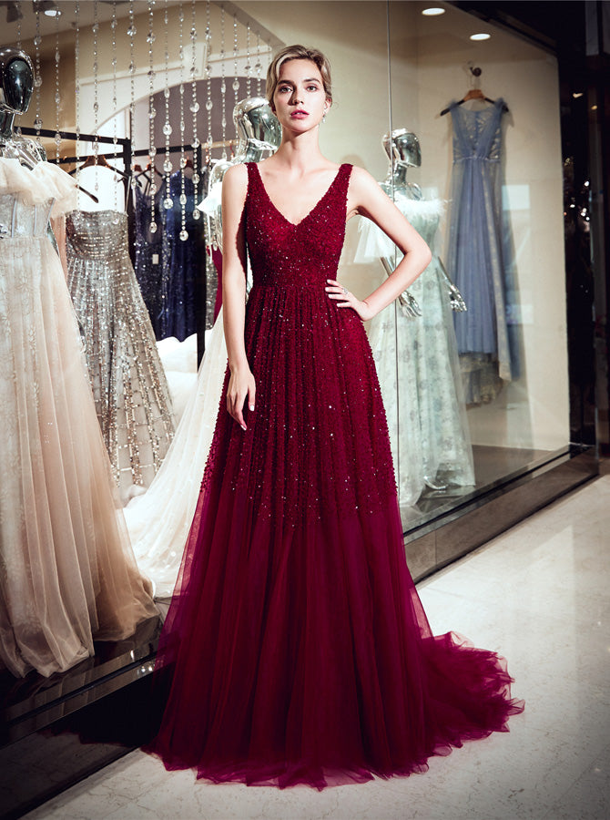 Burgundy Beaded Evening Dresses,Tulle Sparkly Prom Dress,PD00383 - Wishingdress Burgundy Beaded Evening Dresses,Tulle Sparkly Prom Dress,PD00383 - Wishingdress