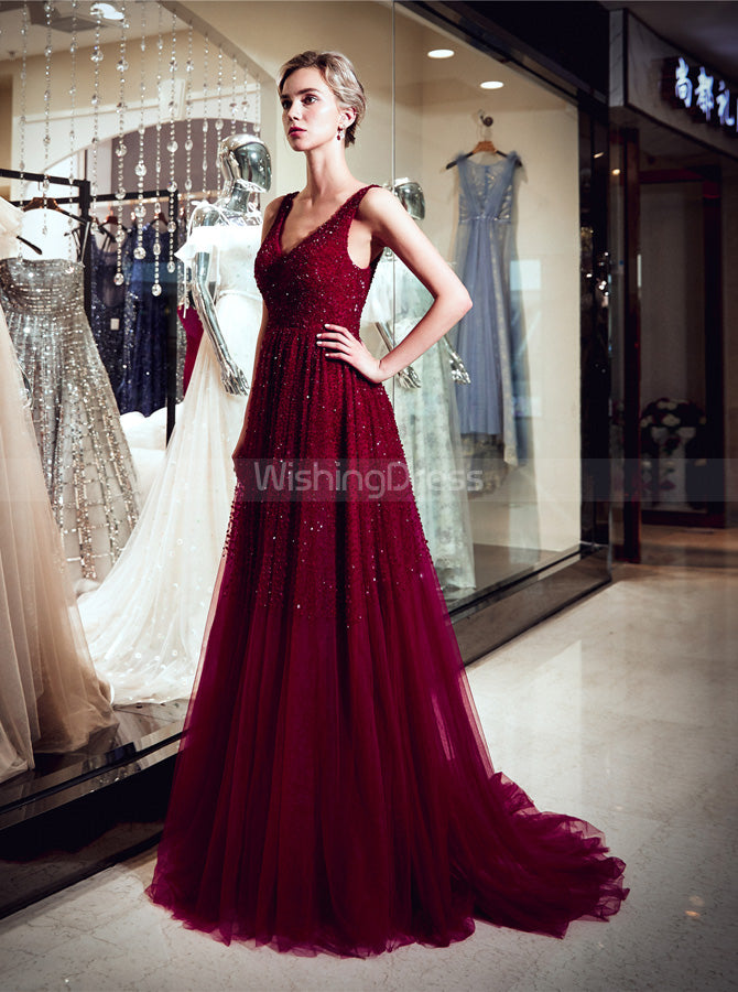 Burgundy Beaded Evening Dresses,Tulle Sparkly Prom Dress,PD00383 -  Wishingdress