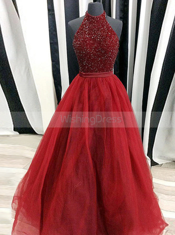 Burgundy Beaded Prom Dress,Elegant Prom Dress,Sparkly Long Prom Dress
