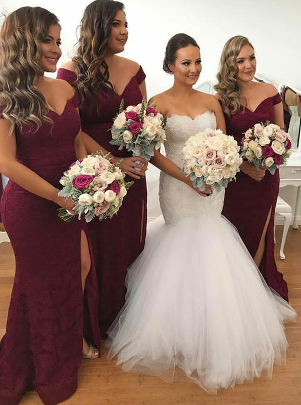 Burgundy Bridesmaid Dress,Off the Shoulder Bridesmaid Dress,Lace Bridesmaid Dress with Slit,BD00067, US14 / Red Burgundy Bridesmaid Dress,Off the Shoulder Bridesmaid Dress,Lace Bridesmaid Dress with Slit,BD00067, US14 / Red