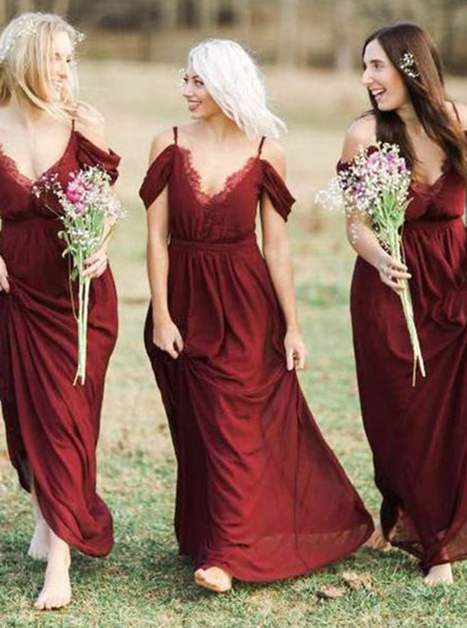 Burgundy Bridesmaid Dress,Spaghetti Straps Bridesmaid Dress,Full Length  Bridesmaid Dress,BD00071