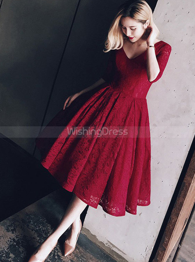 Burgundy Lace Party Dresses,Vintage Homecoming Dresses with Sleeves,HC