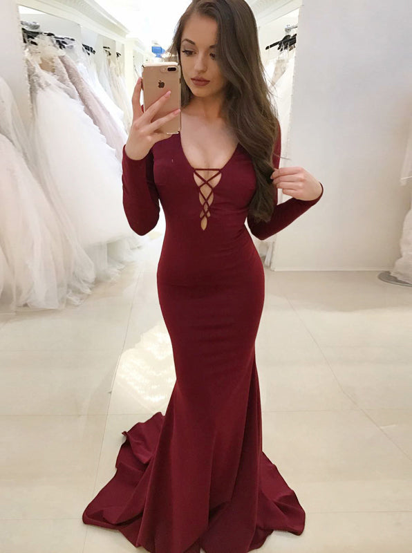 Burgundy Mermaid Prom Dress Evening Dress with Long Sleeves Blackless Prom Dress PD00122