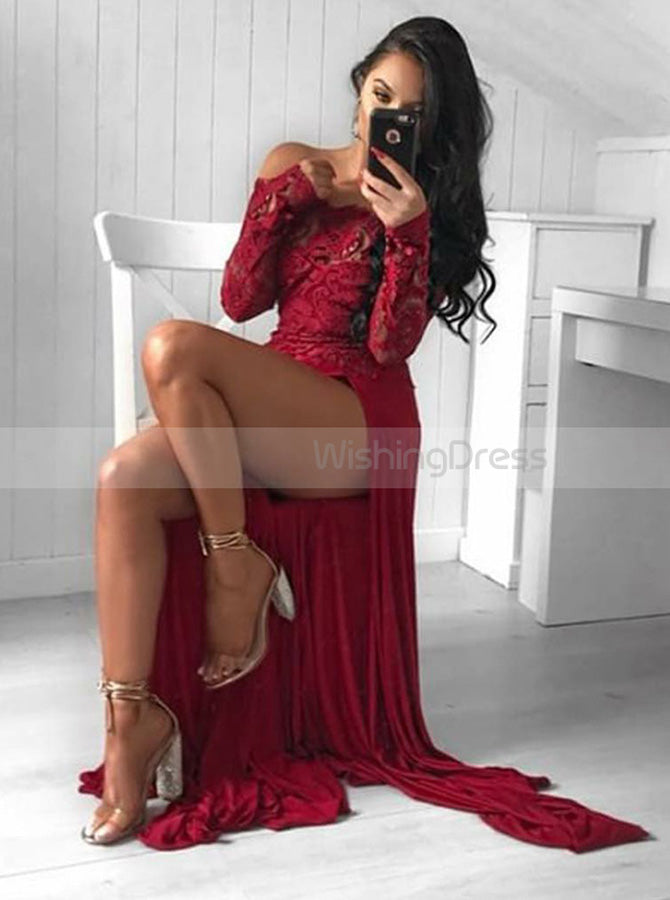 Burgundy Off the Shoulder Prom Dress,Lace Satin Evening Dress,Prom Dre