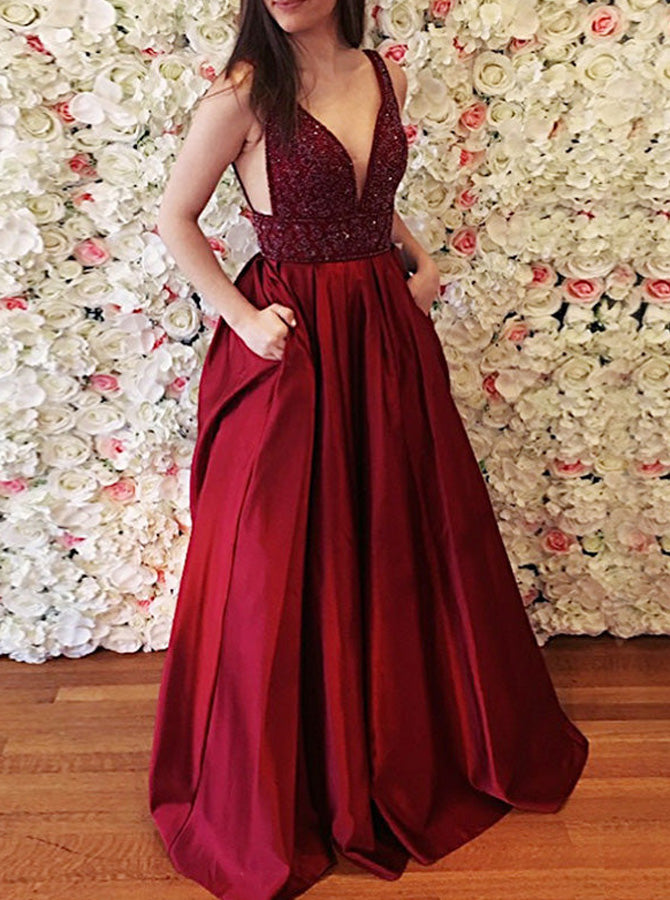 Burgundy Taffeta Prom Gown,Floor Length Prom Dress with Pockets,V Neck Evening Dress PD00067, US26W / Burgundy Burgundy Taffeta Prom Gown,Floor Length Prom Dress with Pockets,V Neck Evening Dress PD00067, US26W / Burgundy