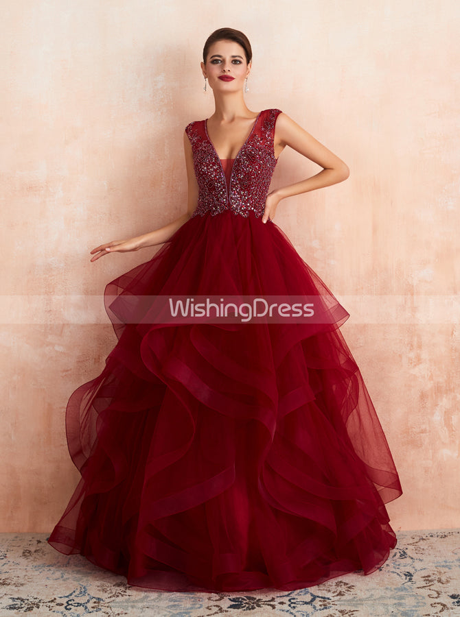 Burgundy Tiered Prom Gown,Princess Sweet 16 Dress,PD00460 - Wishingdress Burgundy Tiered Prom Gown,Princess Sweet 16 Dress,PD00460 - Wishingdress