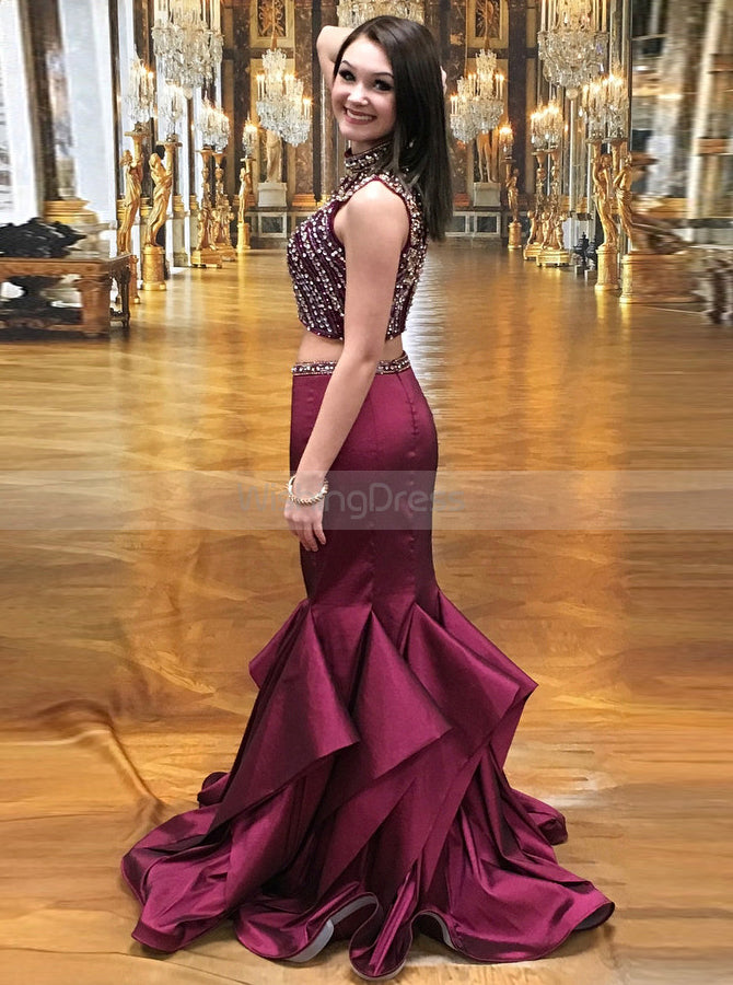 Burgundy Two Piece Prom Dress,Mermaid Prom Dress,High Neck Evening Dre - Wishingdress Burgundy Two Piece Prom Dress,Mermaid Prom Dress,High Neck Evening Dre - Wishingdress