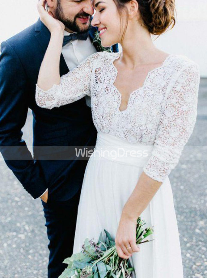 Casual Wedding Dresses,Beach Bridal Dress with Lace Sleeves,WD00430, US6 / White