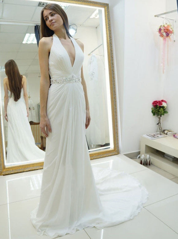 Chiffon Beach Wedding Dress,Halter Wedding Dresses,Sexy Bridal Dresses,WD00053, US14 / White