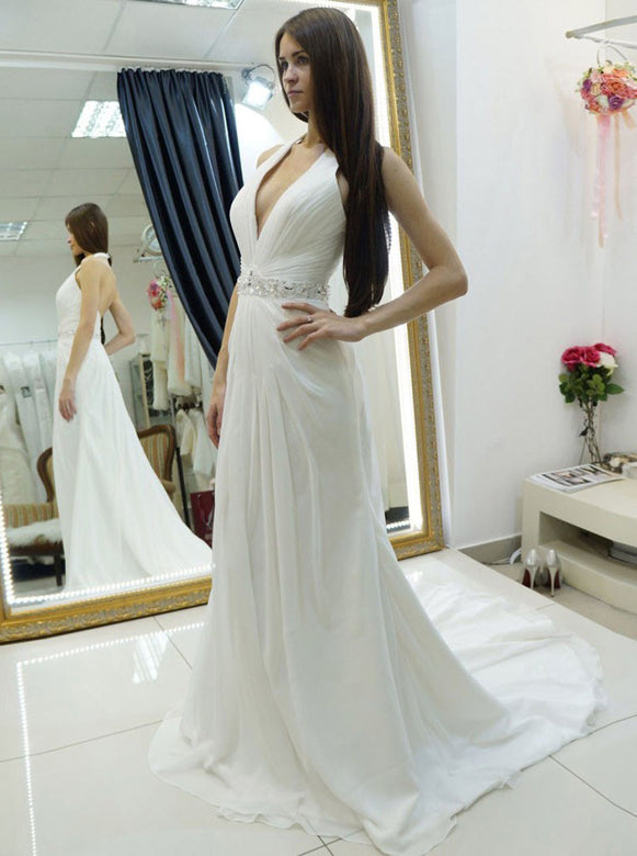 blue dress for baby girl Chiffon A-Line Halter Sleeveless Long Beach Wedding Dress with Lace,MW336