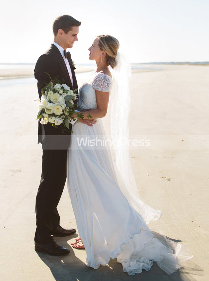 Chiffon Wedding Dress with Beaded Cap Sleeves,Beach Wedding Dress,WD00418, US8 / Ivory Chiffon Wedding Dress with Beaded Cap Sleeves,Beach Wedding Dress,WD00418, US8 / Ivory