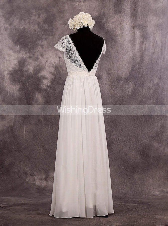 Chiffon Wedding Dress with Short Sleeves,Vintage Beach Wedding Dress,WD00527, US16 / Champagne