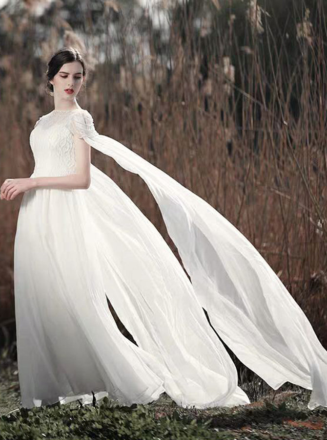 Chiffon Wedding Dress with Sweep-Brush Train,Rustic Wedding Dress,Beach Wedding Dress,WD00505, US14 / Champagne