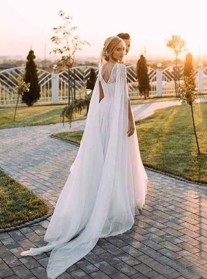 Chiffon Wedding Dress with Sweep-Brush Train,Rustic Wedding Dress,Beac