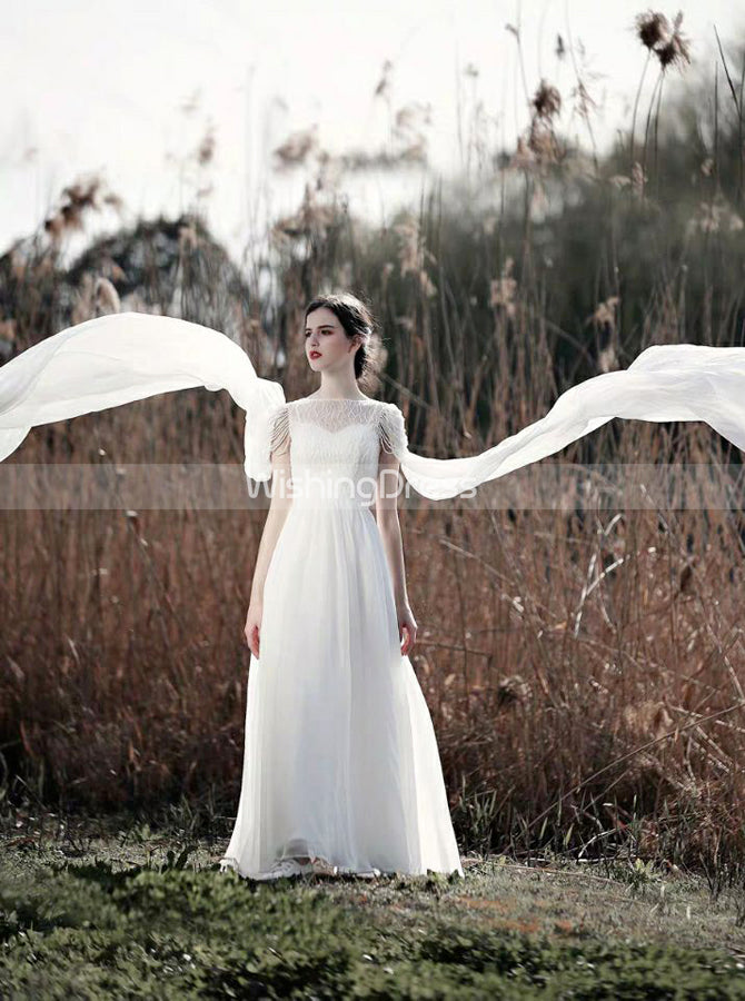 Chiffon Wedding Dress with Sweep-Brush Train,Rustic Wedding Dress,Beach Wedding Dress,WD00505, US14 / Champagne