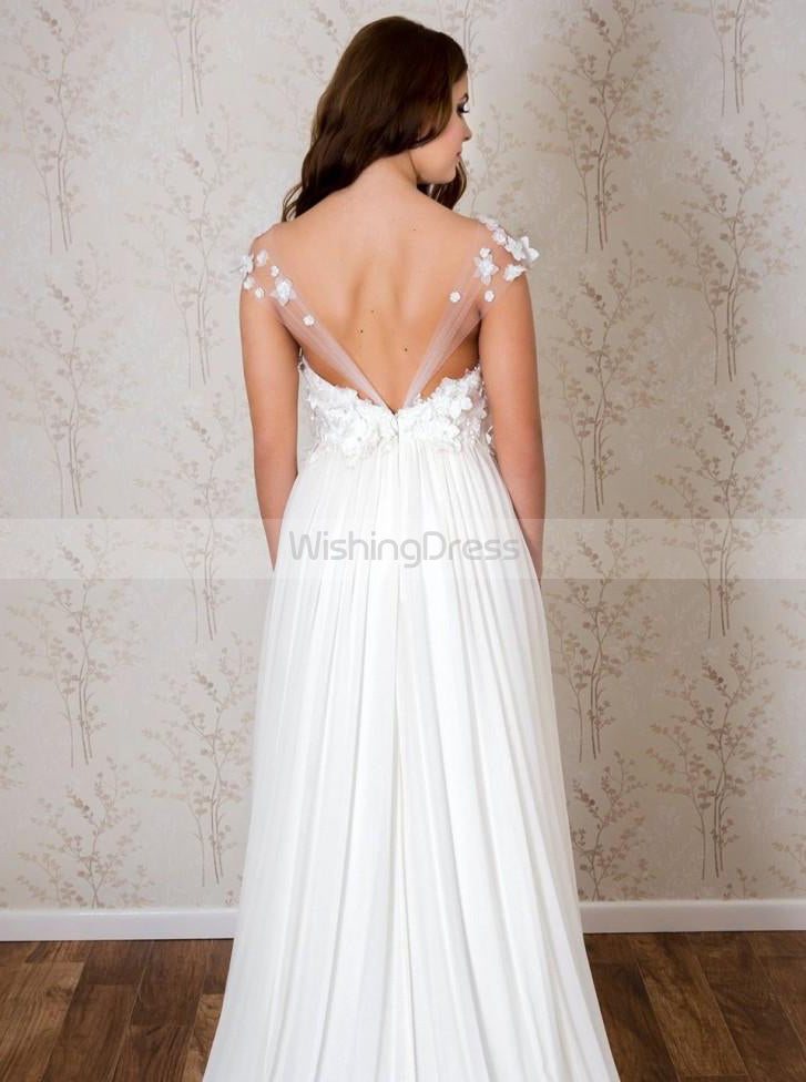 Chiffon Wedding Dresses,Beach Wedding Dress,Off Shoulder Bridal Dress,Floral Bridal Dress,WD00106, US24W / Ivory