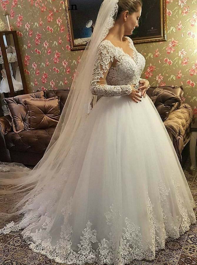 Classic Ball Gown Wedding Dress with Sleeves,Modest Wedding Gown,WD00413
