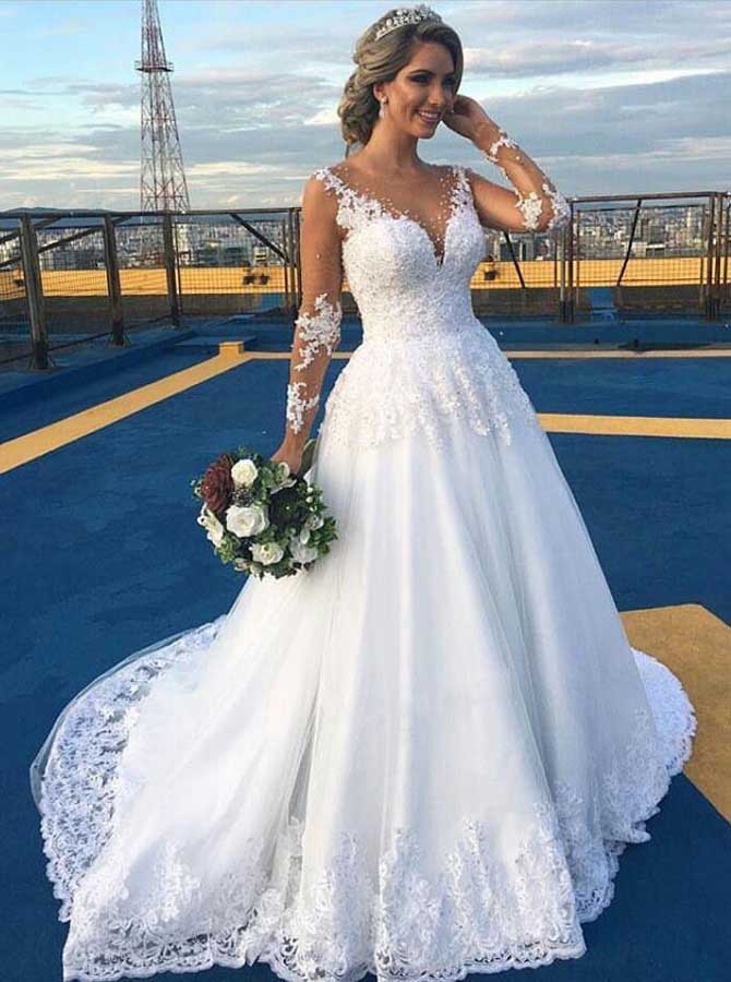 Classic Wedding Dresses with Sleeves,Illusion Back Wedding Gown,WD00409, US14W / Ivory Classic Wedding Dresses with Sleeves,Illusion Back Wedding Gown,WD00409, US14W / Ivory