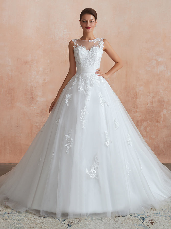 Classic Wedding Wedding Dress with Illusion Neck,Tulle A-Line Bridal Gown,WD00472, US16 / Ivory Classic Wedding Wedding Dress with Illusion Neck,Tulle A-Line Bridal Gown,WD00472, US16 / Ivory