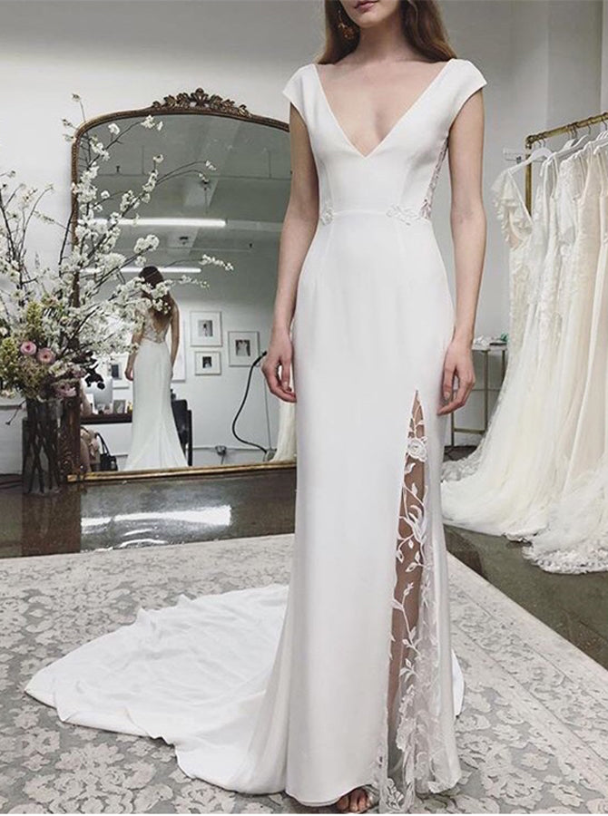 slim fit dress slacks Column Simple Wedding Dress,Destination Wedding Dress Fall,WD00626, US10 / White