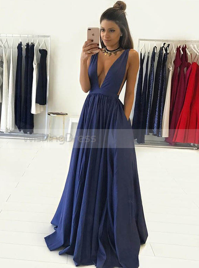 Dark Navy A-line Prom Dress,V Neck Prom Dress Long,Simple Evening Dres - Wishingdress Dark Navy A-line Prom Dress,V Neck Prom Dress Long,Simple Evening Dres - Wishingdress