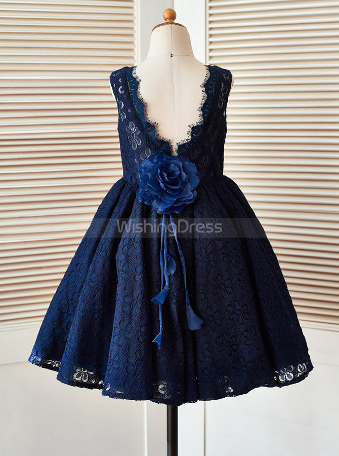 Dark Navy Flower Girl Dress,Lace Girl Party Dress,Tea Length Flower Girl Dress,FD00101, Child6 / Ivory