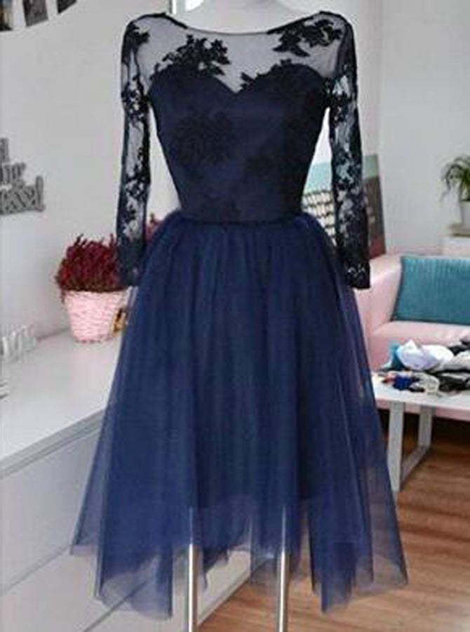 slim fit dress slacks Dark Navy Homecoming Dress,Knee Length Homecoming Dress,Homecoming Dress with Sleeves,HC00072, US16W / Red