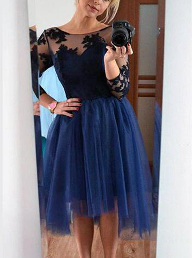 Dark Navy Homecoming Dress,Knee Length Homecoming Dress,Homecoming Dress with Sleeves,HC00072, US16W / Red