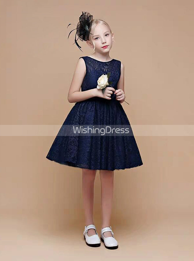 Dark Navy Lace Party Dress for Teens,Knee Length Junior Bridesmaid