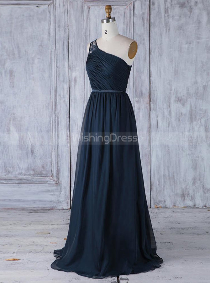open lace back dress In Stock,Ready To Ship -Navy Blue One-Shoulder Long Party Dress Chiffon Bridesmaid  Dress(BM122)