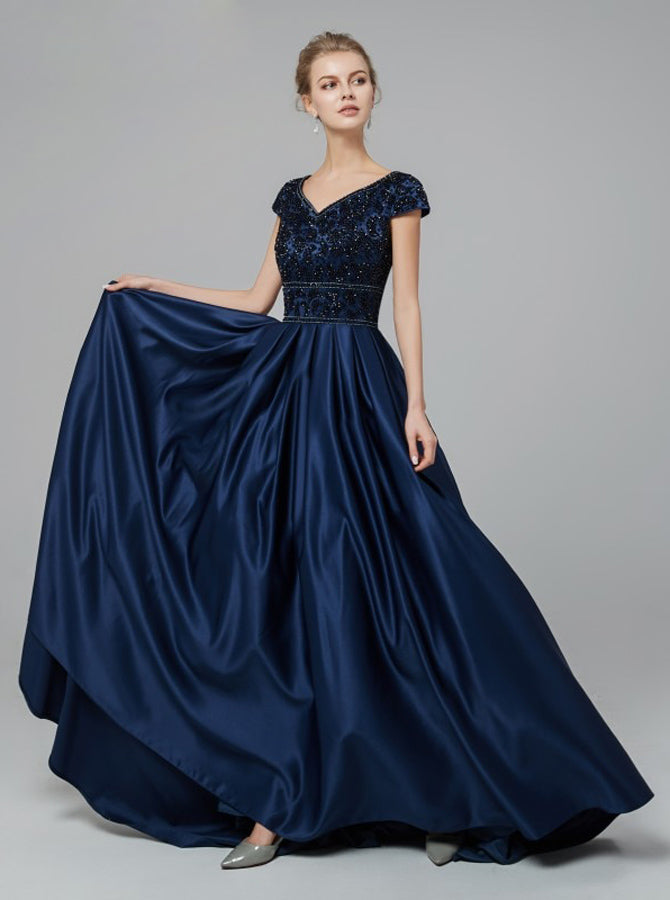 Dark Navy Prom Dress with Cap Sleeves,Satin Modest Evening Dress,PD00438, US8 / Dark Navy Dark Navy Prom Dress with Cap Sleeves,Satin Modest Evening Dress,PD00438, US8 / Dark Navy