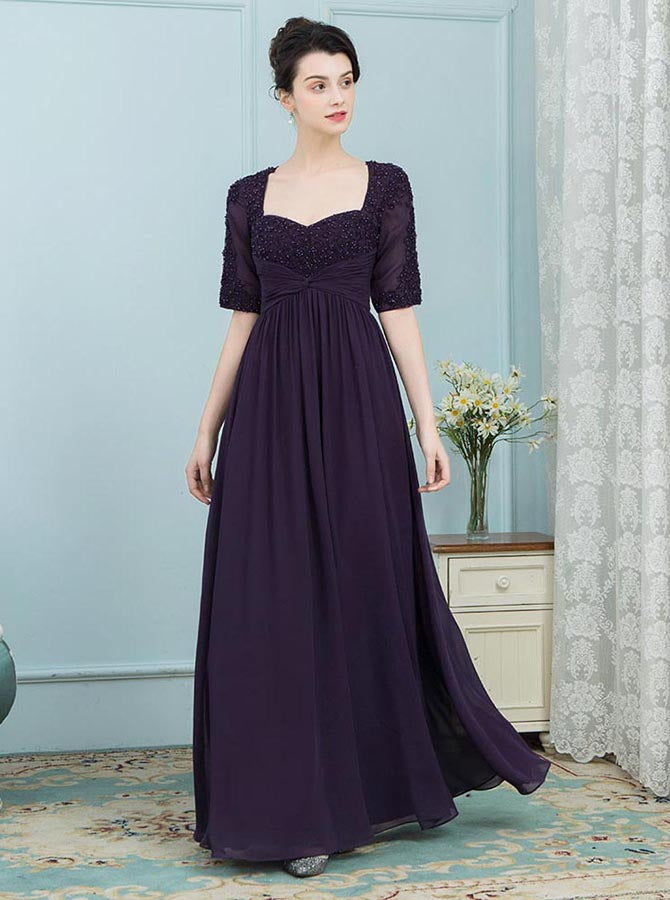 Dark Purple Mother of the Bride Dresses,Empire Waist Mother Dress,Mother Dress with Sleeves,MD00010, US6 / Dark Navy Dark Purple Mother of the Bride Dresses,Empire Waist Mother Dress,Mother Dress with Sleeves,MD00010, US6 / Dark Navy