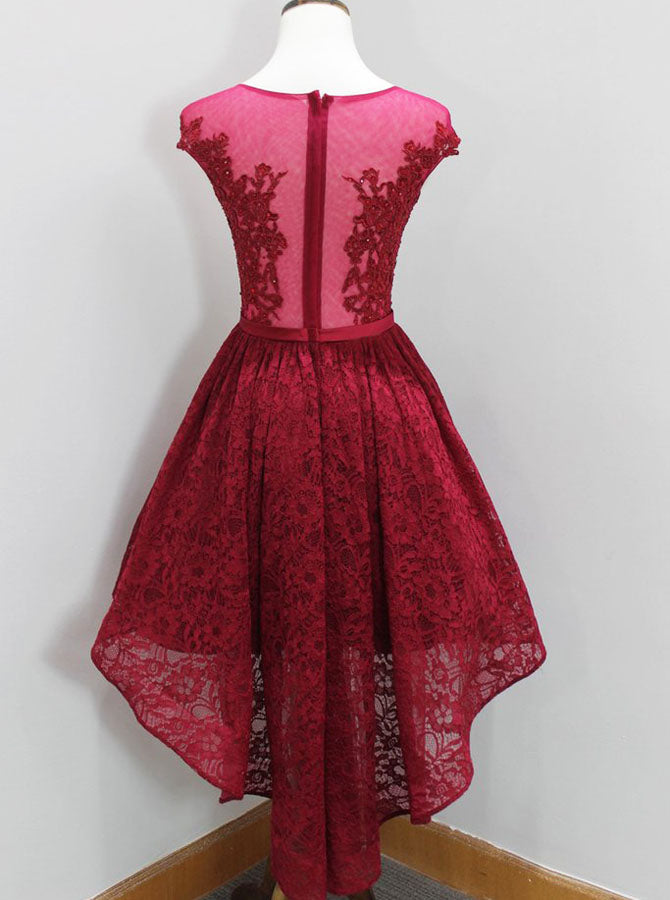 red high low homecoming dress Red Lace High Low Homecoming Dresses Spaghetti Strap Satin Prom Dress ARD1747