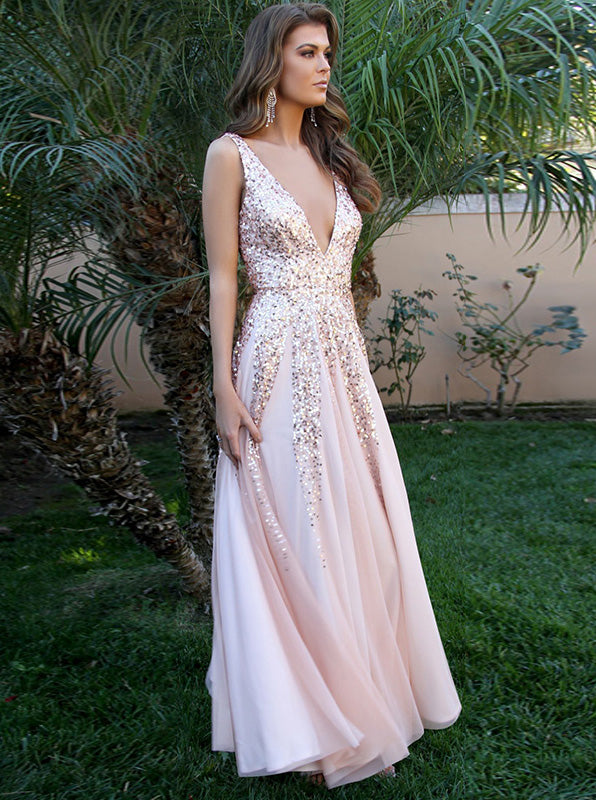 Dazzling Beaded Long Prom Dress Deep V Neck Evening Dress Floor