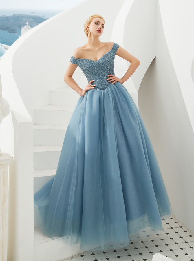 Dusty Blue Prom Gown,Princess Off the Shoulder Ball Gown Dress,PD00456