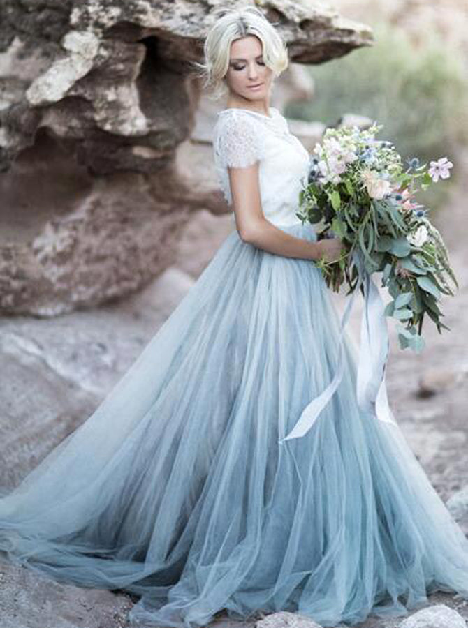 Dusty Blue Tulle Wedding Dress,Two Piece Wedding Dress for Photoshoot,WD00431, US16W / White Dusty Blue Tulle Wedding Dress,Two Piece Wedding Dress for Photoshoot,WD00431, US16W / White