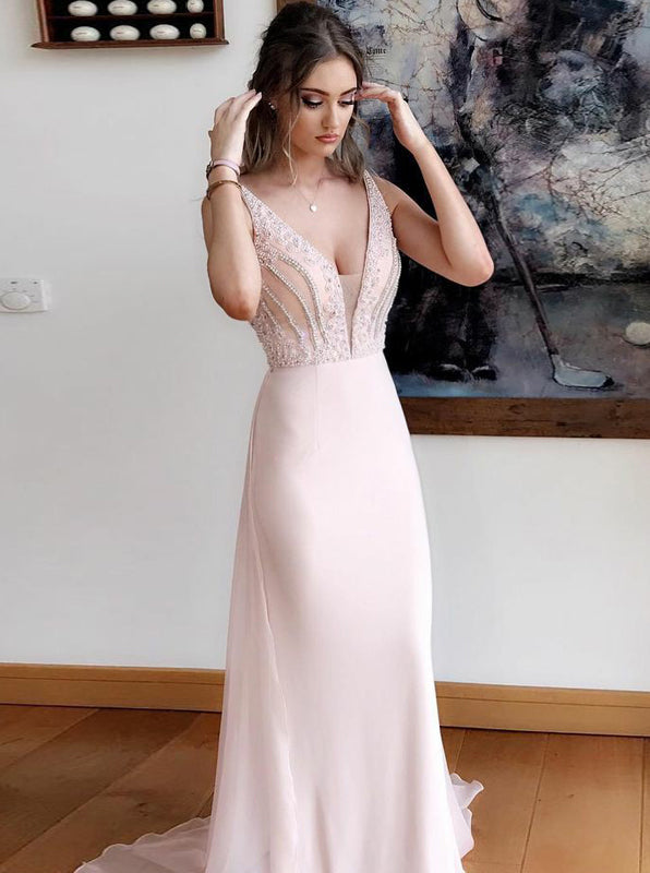 Elegant Chiffon Prom Dress with Train,Evening Dress with Beaded Top,V Neck Prom Dress Long PD00162, US8 / Dark Navy Elegant Chiffon Prom Dress with Train,Evening Dress with Beaded Top,V Neck Prom Dress Long PD00162, US8 / Dark Navy