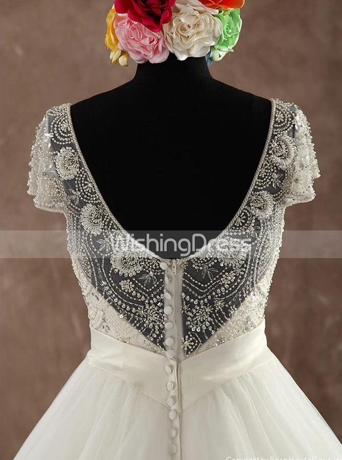 Elegant Wedding Dress with Beaded Bodice,Princess Wedding Gown with Sh