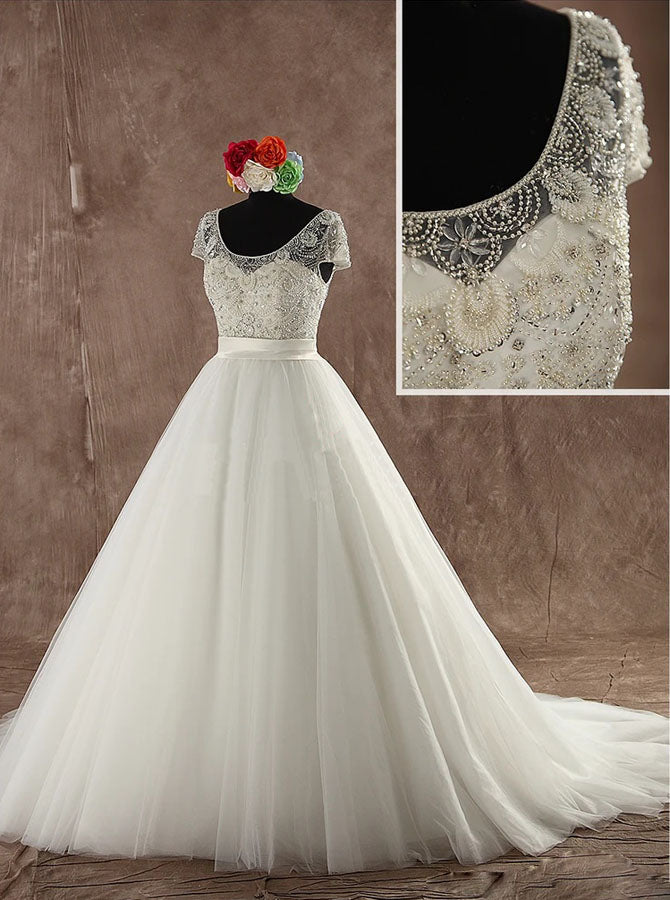 strapless open back dress Elegant Wedding Dress with Beaded Bodice,Princess Wedding Gown with Short Sleeves,WD00520, US14 / Champagne