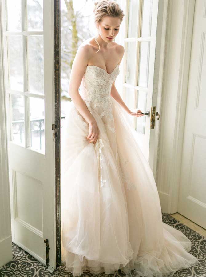 open lace back dress Fairy A Line Off the Shoulder Blush Pink Tulle Wedding Dress Spring Br –  Vickidress main image 0